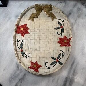 Vintage Woven Basket Christmas Serving Tray/wall Hanging Poinsettia‎